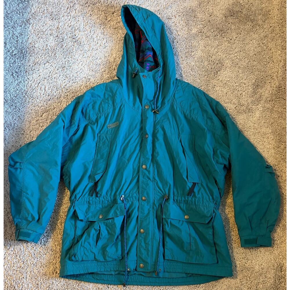 Vintage Columbia Parka Jacket Men's Green Aztec Fleece-Lined Snap Winter - XL
